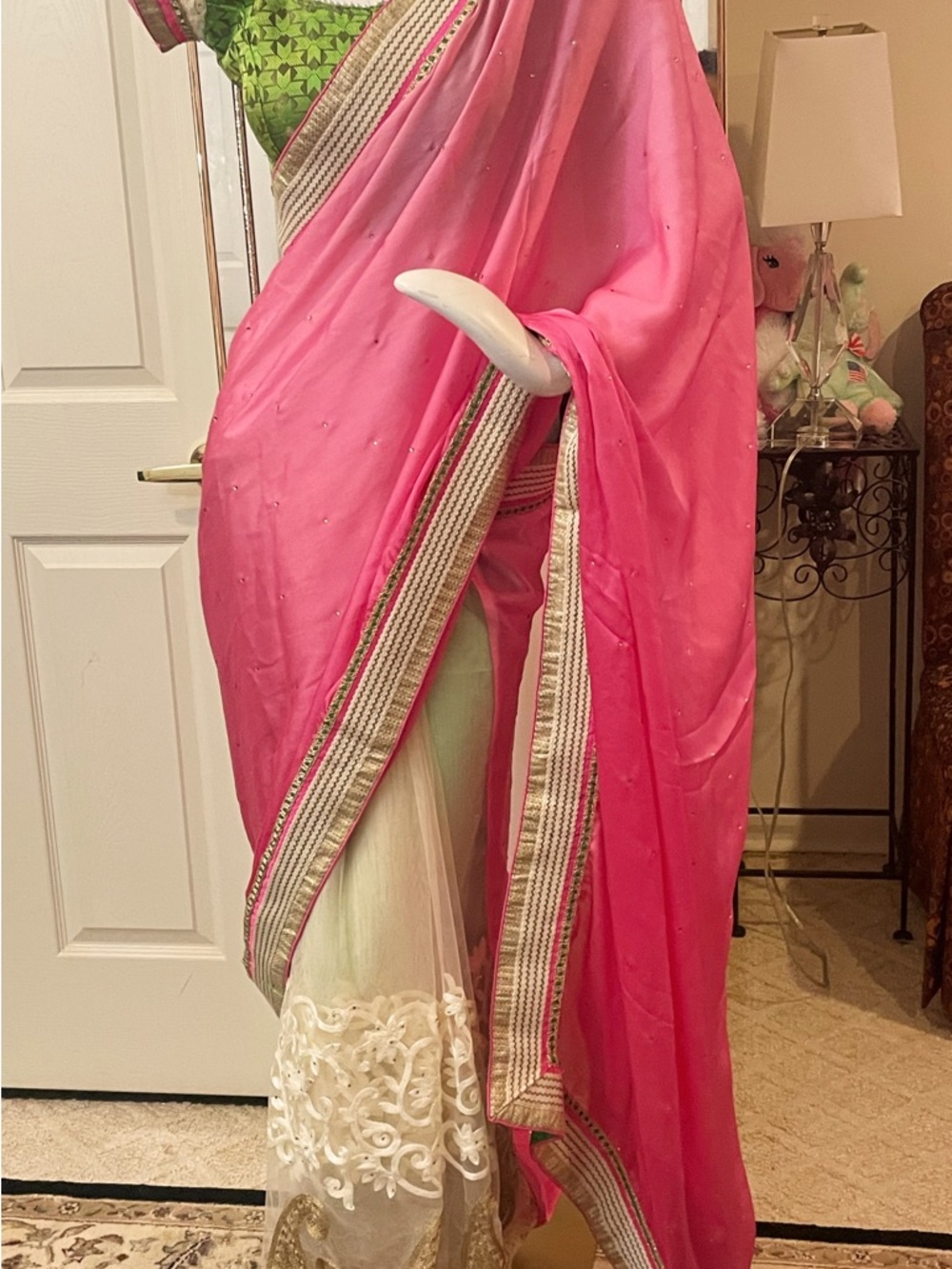 Vibrant Pink Saree with Gold & Cream Trim